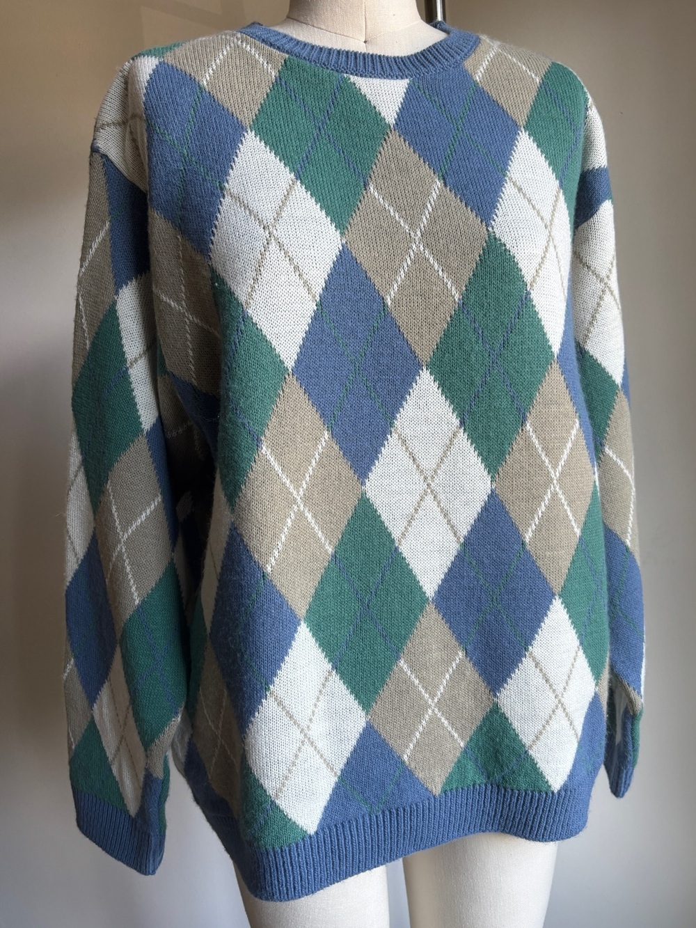 Alfred Dunner Women’s Argyle 1X Acrylic Sweater Blue Green Ecru